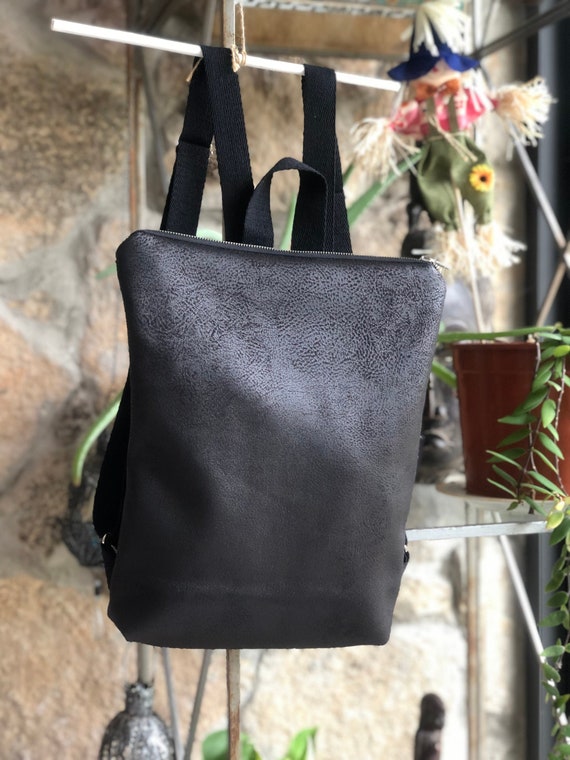 Women's Black Vegan Leather Flap Backpack
