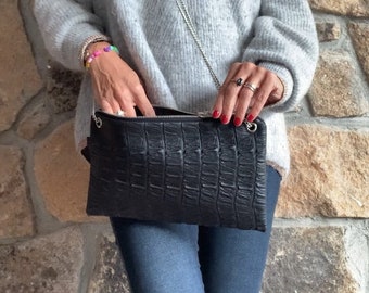 Croco Faux Leather Black Bag, Sac à bandoulière végétalien fait à la main, Sac à bandoulière en cuir végétalien, Pochette végétalienne en faux cuir, Pochette De ville design noir