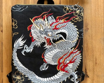 Sac à dos à imprimé dragon japonais, sac à bandoulière en toile végétalienne Pinatex