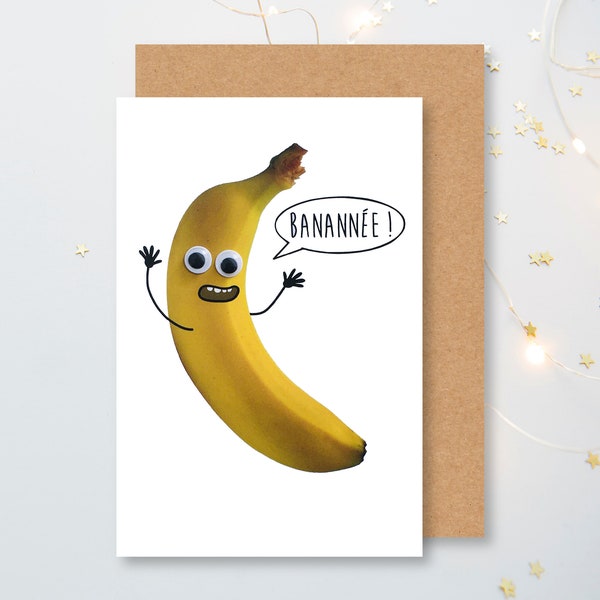 Carte BONNE ANNEE 2023 ,carte BANANEE,carte de voeux,carte banane,carte de voeux décalée,carte de voeux humour,jeu de mot bonne année,banane