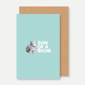 Carte humour insulte SON OF A BITCH,  son of a bitch card, carte Bambi jeu de mot, fawn card, cute card, carte biche, deer card,