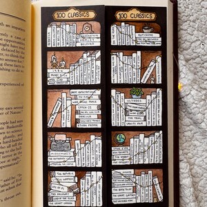 May include: A hand-drawn bookmark with two shelves marked "100 Classics." The shelves are filled with tiny book spines, including titles such as "Ulysses" and "Pride and Prejudice." The bookmark is placed within an open book.
