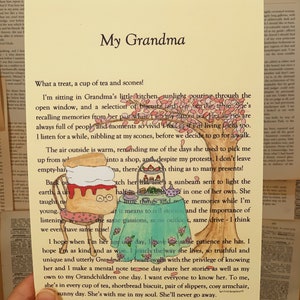May include: A hand-drawn illustration of a woman sitting in a kitchen with a cup of tea and scones. The illustration is in a whimsical style with a light yellow background and pink and green accents. The text reads "My Grandma" and "What a treat, a cup of tea and scones!"