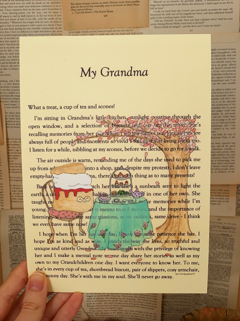 May include: A hand-drawn illustration of a woman sitting in a kitchen with a cup of tea and scones. The illustration is in a whimsical style with a light yellow background and pink and green accents. The text reads "My Grandma" and "What a treat, a cup of tea and scones!"