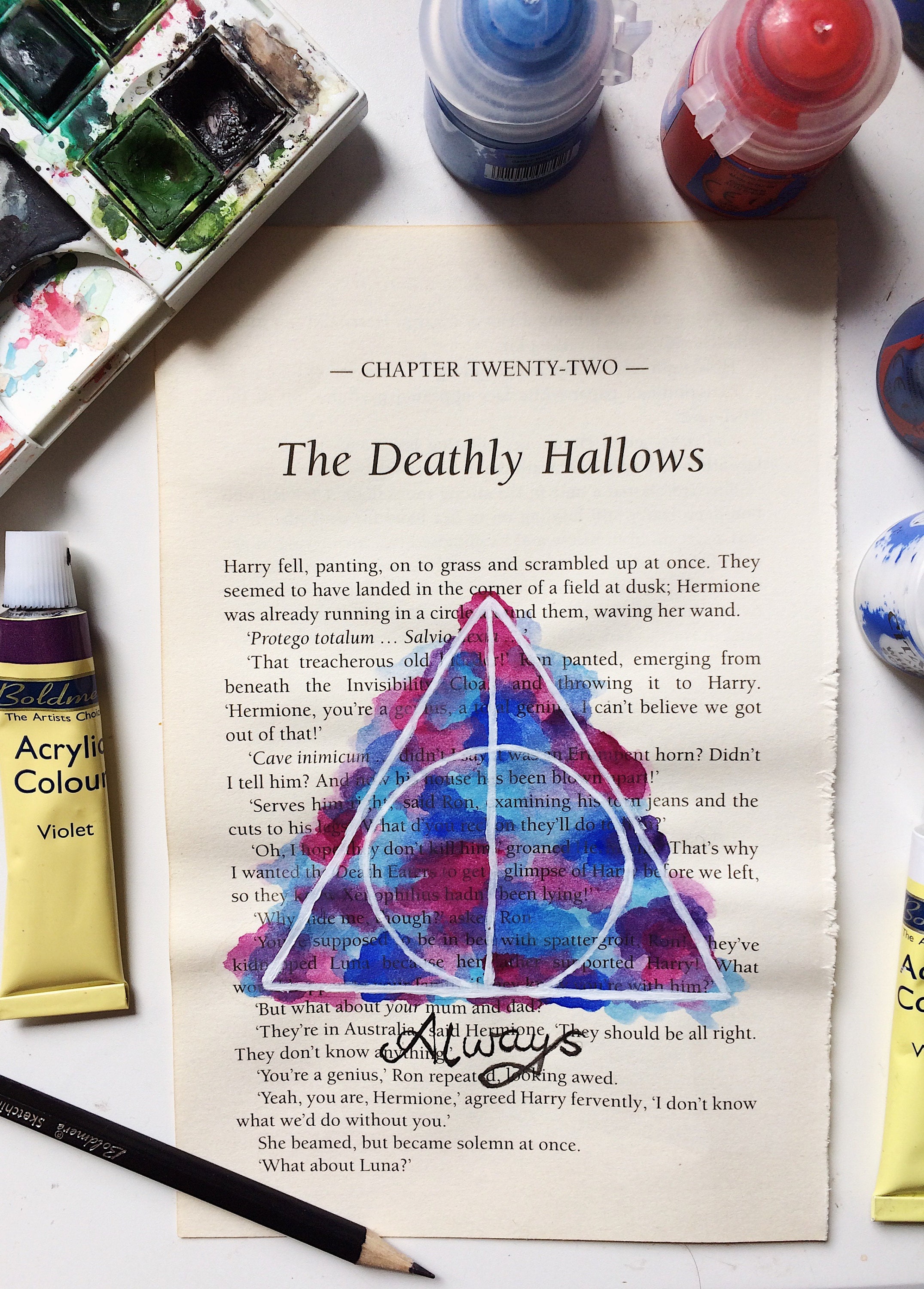 Deathly Hallows Watercolour Harry Potter Book Page Painting Print - H…