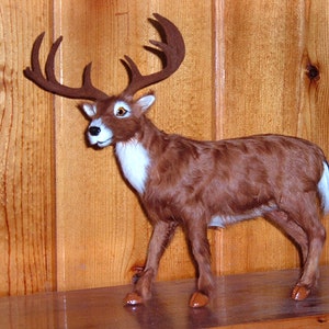 Realistic Furry Deer Replica Real Fur Whitetail Deer Lifelike Toy Fur Deer Figurine with Antlers Buck Deer