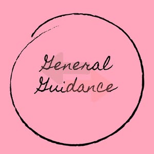 Può includere: Uno sfondo rosa con un cerchio nero e il testo "General Guidance" all'interno del cerchio.