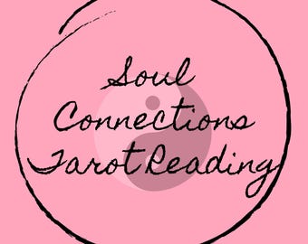 May include: A pink circle with a black outline and a yin yang symbol in the center. The text "Soul Connections Tarot Reading" is written in a cursive font around the symbol.