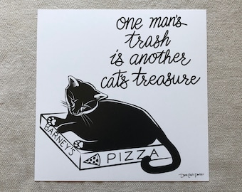 Another Cat's Treasure, Barney's Pizza Art Print, 8x8" Glossy, Black and White Illustration