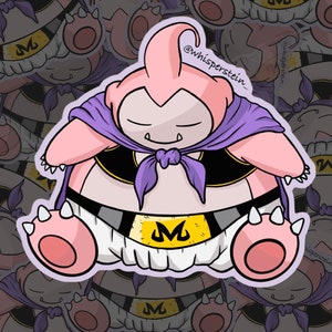 May include: A sticker featuring a pink cartoon character with a purple cape and a black and gold outfit. The character has closed eyes and a large belly. The letter "M" is displayed on the outfit. The sticker has a white border and the text "@whisperstein_."