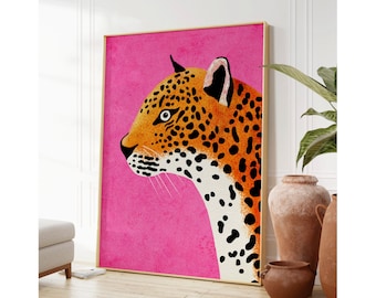 Leopard Illustration Print: Vibrant Pink & Yellow Animal Art (Digital Download)