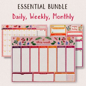 Druckbare Monats-, Wochen-, Tagesplaner Seiten | Desktop-Planer-Bundle | Illustrierte Planerblätter| A4 und US Letter Größe