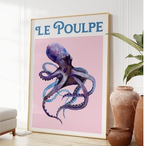 Le Poulpe arte imprimible acuarela pulpo ilustración decoración costera francesa tema del océano descarga digital arte de pared náutica arte minimalista