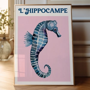 L'Hippocampe impresión acuarela caballito de mar arte océano tema decoración pared costera francesa arte digital descargar casa de playa cartel baño decoración