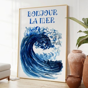 Bonjour La Mer Imprimir acuarela Arte marino Decoración costera francesa Descarga digital Arte de pared náutica Cartel azul y blanco Arte playero imprimible