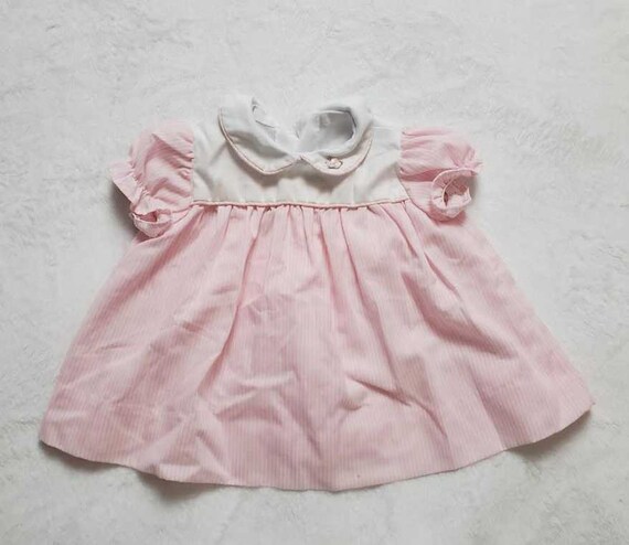 Vintage handmade 3-6 Months infant dress pink str… - image 4