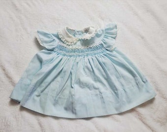 Vintage 18 Months Polly Flinders blue smocked dress Peter Pan collar