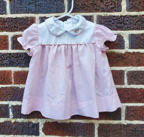 Vintage handmade 3-6 Months infant dress pink str… - image 1