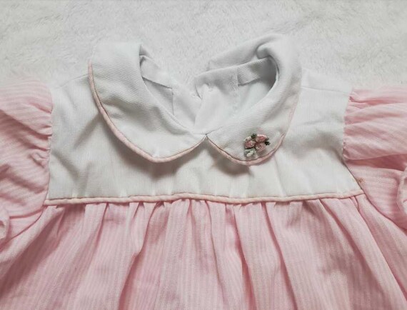 Vintage handmade 3-6 Months infant dress pink str… - image 5