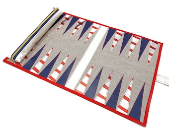 Backgammon upcycling truck tarpaulin / travel game for rolling up / travel backgammon / travel backgammon / games for on the go / red blue white