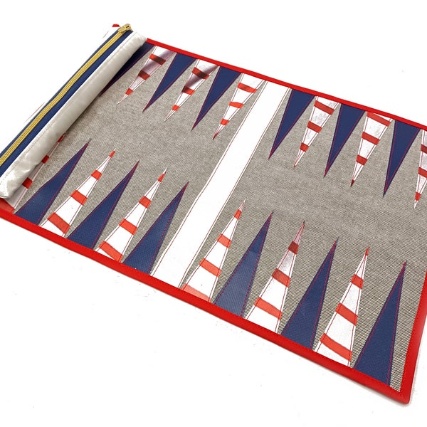 Backgammon upcycling truck tarpaulin / travel game for rolling up / travel backgammon / travel backgammon / games for on the go / red blue white