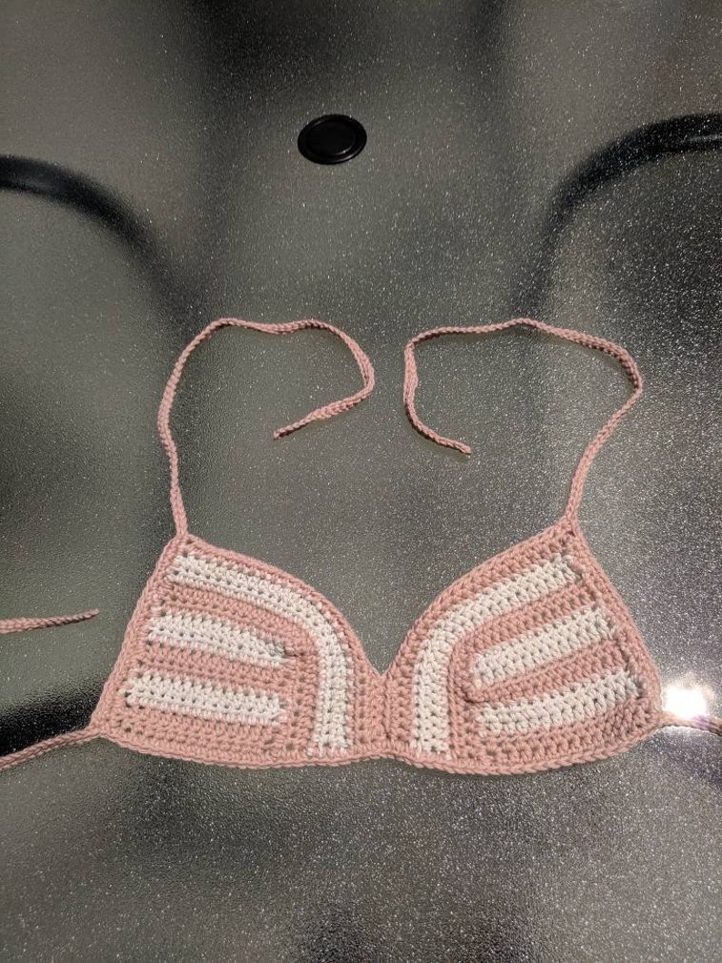 Pink /& White Striped Crochet Bikini Top
