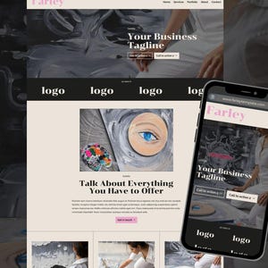 Könnte beinhalten: Ein Website-Design, das auf einem Laptop und einem Smartphone angezeigt wird. Die Website zeigt den Namen "Farley" in Pink, einen Slogan und Servicebereiche. Das Design enthält künstlerische Elemente und den Text "Talk About Everything You Have to Offer."