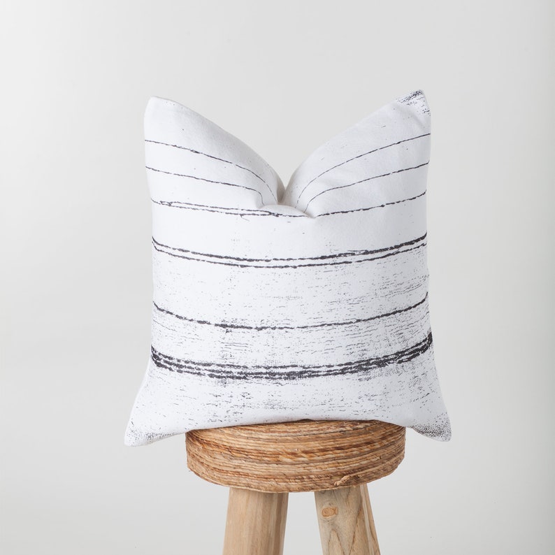 20 x 20 Pillow w/Distressed Stripes / white/black /organic cotton canvas/Moroccan/throw pillows/geometric/modern/square/stripes image 1