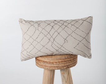 13 x 22" Lumbar Pillow w/Distressed Abstract Geo /beige/black /organic cotton canvas/ Moroccan /throw pillows /geometric/modern