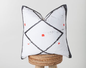 20 x 20" Pillow w/Distressed Diamond & Red Accent /white/black/organic cotton canvas/Moroccan art/ throw pillows/geometric/modern/square