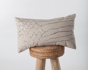 13" x 22" Lumbar Pillow w/Distressed Variegated Lines /beige/black/organic cotton canvas/Moroccan/throw pillows/geometric/modern