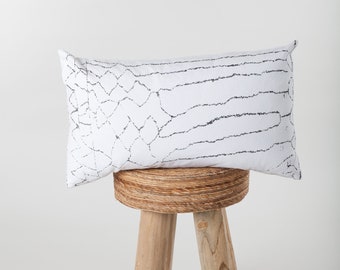 13 x 22" Lumbar Pillow w/Distressed Variegated Lines / white/black / cotton canvas / Moroccan / throw pillows / geometric/modern