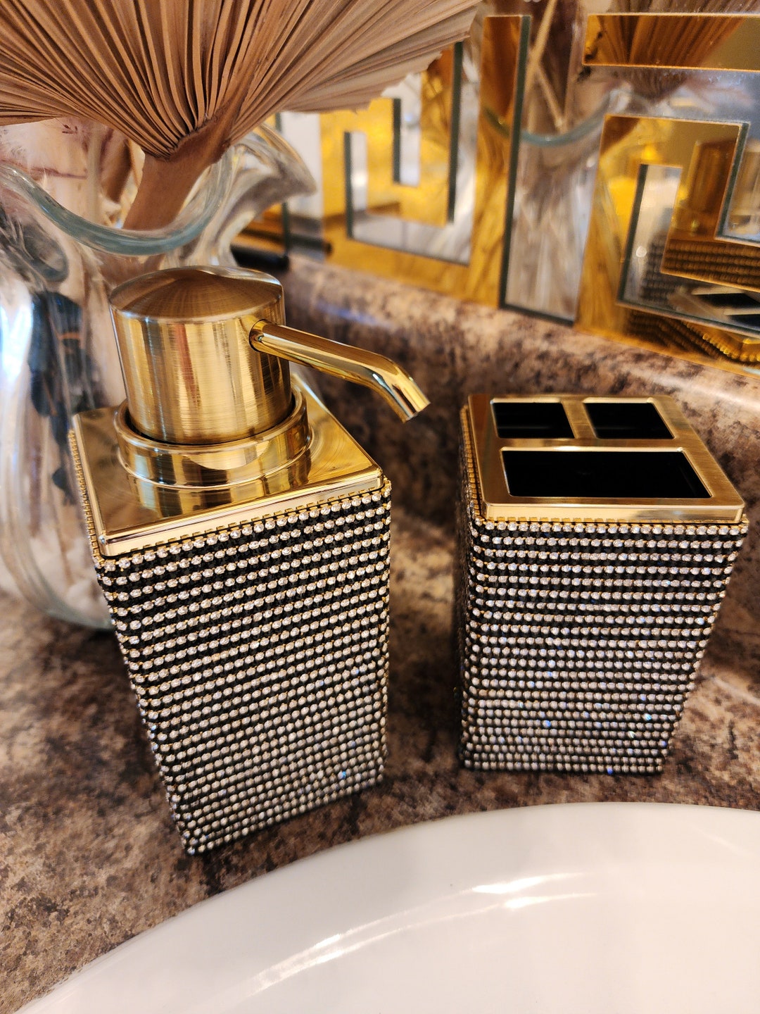 2-piece Black and Gold Bathroom Accessory Set Soap Pump, Lotion ...