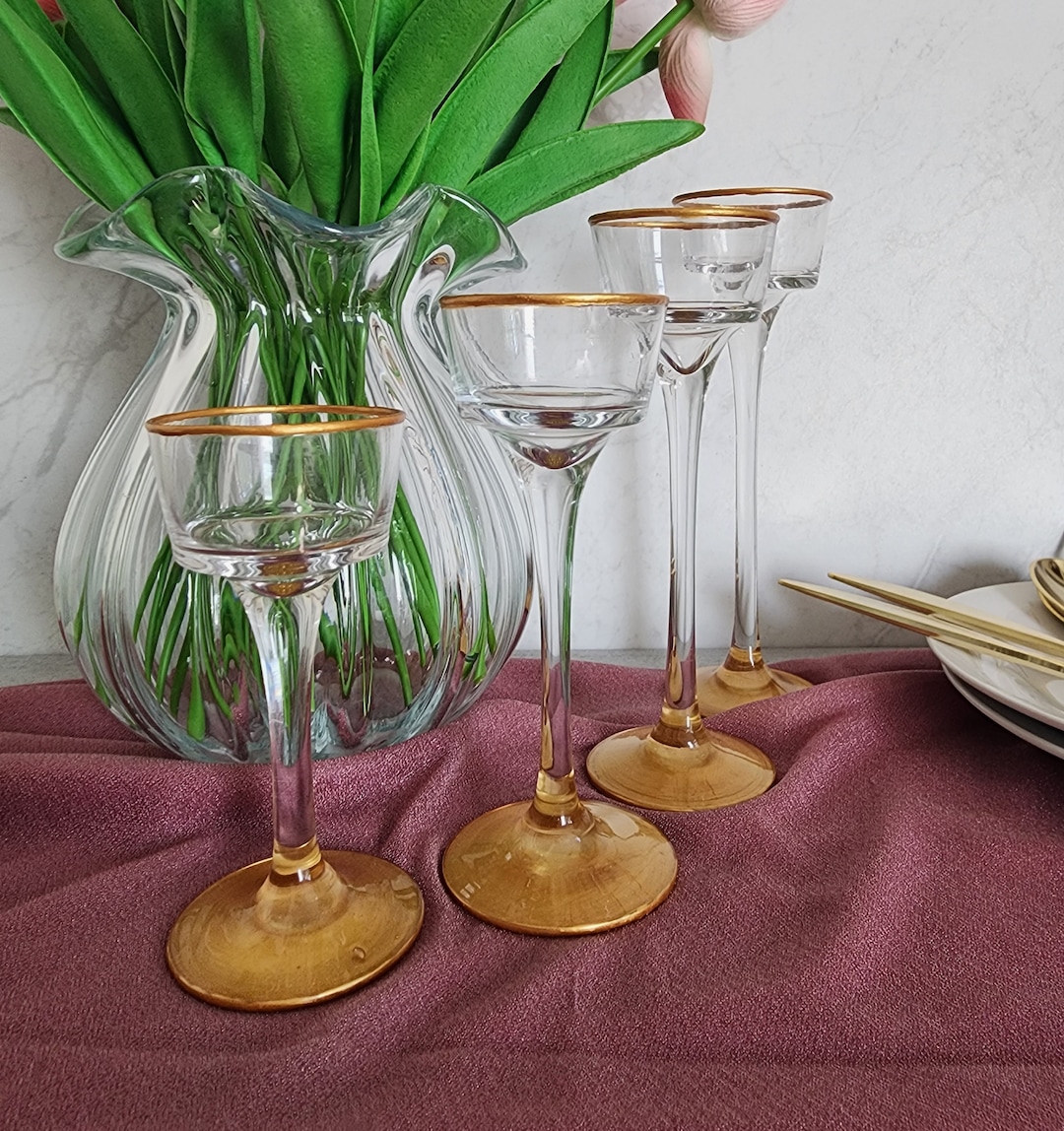 Stemmed Glass Tealight Candle Holders With Gold Trim, Candle Holders