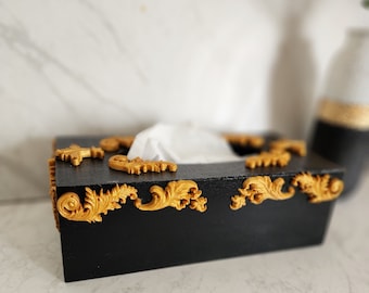 Victorian Black and Gold Tissue Box Cover | Handmade Wooden Napkin Dispenser