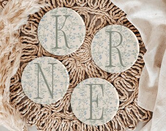 Monogrammed Ceramic Floral Drink Coasters - 3.5"