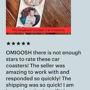 May include: A package of two personalized ceramic car coasters. Each coaster features a photo of a child. The packaging reads "Car Coasters Handmade with love" and "Personalized Ceramic Car Coasters".