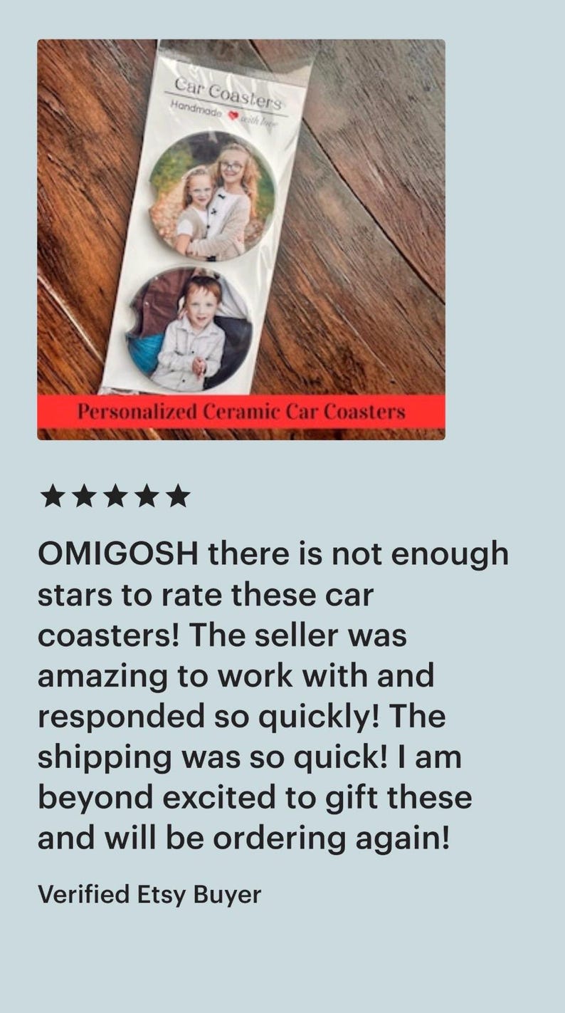 May include: A package of two personalized ceramic car coasters. Each coaster features a photo of a child. The packaging reads "Car Coasters Handmade with love" and "Personalized Ceramic Car Coasters".