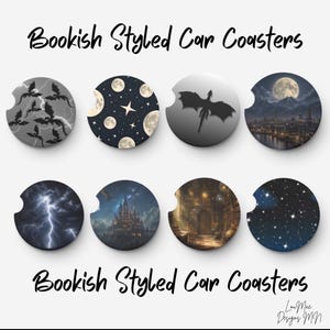May include: Eight circular car coasters with a notch on the left side, featuring various designs including dragons, lightning, moons, stars, a castle, and a library interior. The text 'Bookish Styled Car Coasters' appears at the top and bottom.