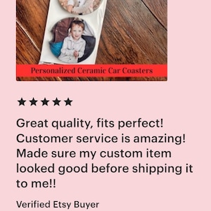 May include: A package of personalized ceramic car coasters. The coasters feature custom photos of two children. The packaging reads "Car Coasters Handmade with love" and "Personalized Ceramic Car Coasters".