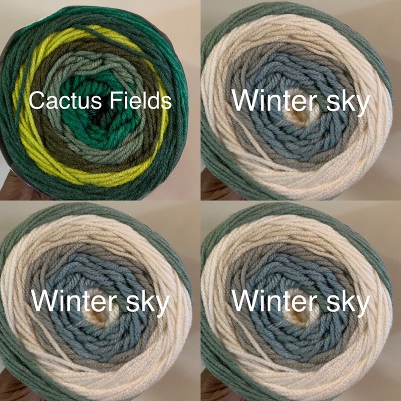 May include: Four skeins of yarn in different color combinations. The skeins are labeled "Cactus Fields" and "Winter Sky".