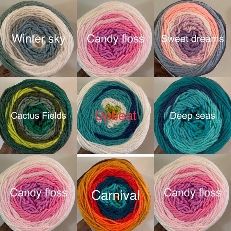 May include: Nine balls of yarn in various color combinations. The yarn is arranged in three rows of three balls. The yarn colors include white, pink, blue, green, orange, and yellow. The yarn is labeled with names such as "Winter sky", "Candy floss", "Sweet dreams", "Cactus Fields", "Upbeat", "Deep seas", and "Carnival".