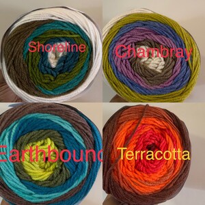 May include: Four skeins of yarn in different color combinations. The skeins are labeled "Shoreline", "Chambray", "Earthbound", and "Terracotta".