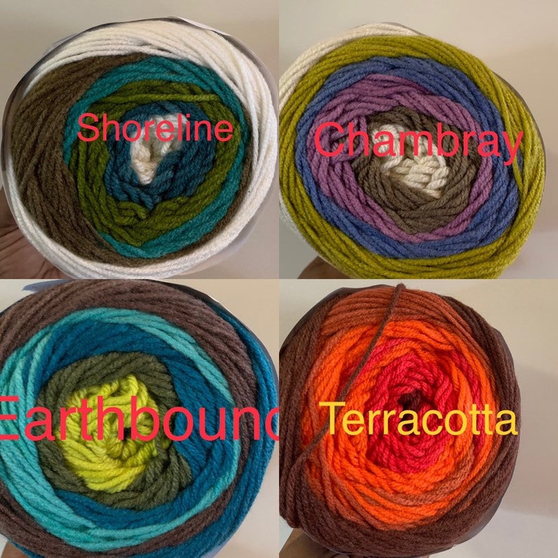 May include: Four skeins of yarn in different color combinations. The skeins are labeled "Shoreline", "Chambray", "Earthbound", and "Terracotta".