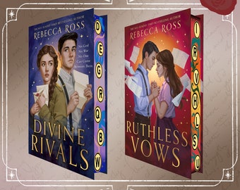 May include: Two book covers, "Divine Rivals" and "Ruthless Vows" by Rebecca Ross. The first features a couple with a starry background, the second a couple holding hands. Both books have decorative spines and the text "Exclusive Editions".