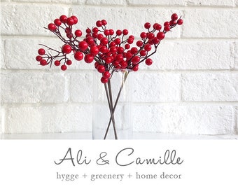 Red Christmas Berry Stem: Vintage Holiday Decor, Hygge Style