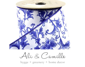 Cobalt blue and white Chinoiserie wired ribbon, Ginger jar blue and white tollmache ribbon in dupioni silk, 10 yards long and 3 widths