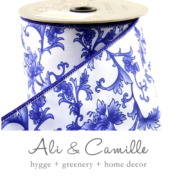Cobalt blue and white Chinoiserie wired ribbon, Ginger jar blue and white tollmache ribbon in dupioni silk, 10 yards long and 3 widths