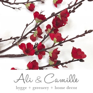 May include: A branch of red artificial cherry blossoms with brown stems. The branches are arranged on a white background. The text "Ali & Camille" is written below the branches in gray script. The text "hygge + greenery + home decor" is written below the name in gray.