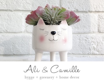 May include: White ceramic planter shaped like a cat with closed eyes, a black nose, and pink cheeks. The planter is holding a small succulent plant with green and pink leaves.